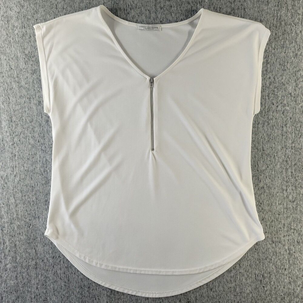 Green Envelope White Half Zip Blouse Top Size M Made in USA Short Sleeve